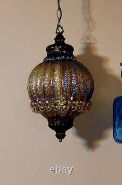 Iridescent CARNIVAL Glass Hanging Gray Light Swag Lamp Retro Vintage MCM