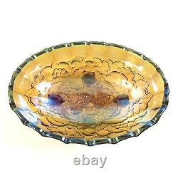 Iridescent Harvest Gold Carnival Glass Footed Oval Bowl by Indiana Glass 1972