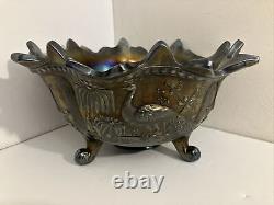 Iridescent Purple Northwood Carnival Glass Peacocks Fountain Footed Bowl CHIPS