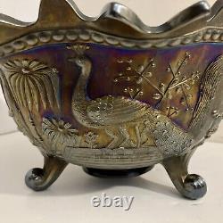 Iridescent Purple Northwood Carnival Glass Peacocks Fountain Footed Bowl CHIPS