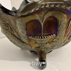 Iridescent Purple Northwood Carnival Glass Peacocks Fountain Footed Bowl CHIPS