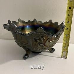 Iridescent Purple Northwood Carnival Glass Peacocks Fountain Footed Bowl CHIPS