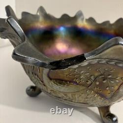 Iridescent Purple Northwood Carnival Glass Peacocks Fountain Footed Bowl CHIPS