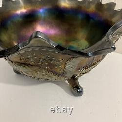 Iridescent Purple Northwood Carnival Glass Peacocks Fountain Footed Bowl CHIPS