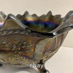 Iridescent Purple Northwood Carnival Glass Peacocks Fountain Footed Bowl CHIPS