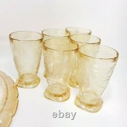 JEANNETTE GLASS Carnival Floragold Louisa Iridescent Pitcher Glasses Platter Set