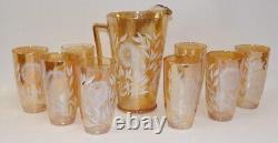 Jeanette Carnival Glass Iridescent Marigold Sunflower Pitcher & 8 Glasses Set