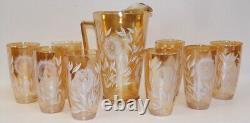 Jeanette Carnival Glass Iridescent Marigold Sunflower Pitcher & 8 Glasses Set