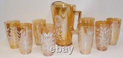 Jeanette Carnival Glass Iridescent Marigold Sunflower Pitcher & 8 Glasses Set