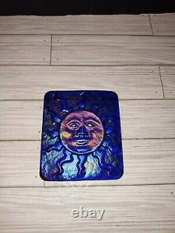 John Cook 2006 Signed Iridescent Carnival Art Glass Sun Face Tile/Plaque 5x5½in