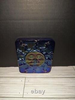 John Cook 2006 Signed Iridescent Carnival Art Glass Sun Face Tile/Plaque 5x5½in