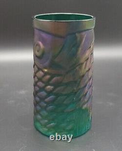 John Cook Teal Rainbow Koi Fish Glass Cup Signed Iridescent Carnival Glass 2013