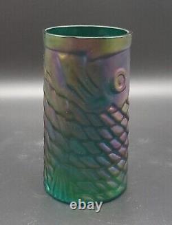 John Cook Teal Rainbow Koi Fish Glass Cup Signed Iridescent Carnival Glass 2013