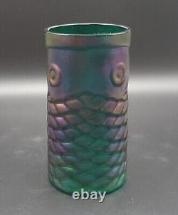 John Cook Teal Rainbow Koi Fish Glass Cup Signed Iridescent Carnival Glass 2013