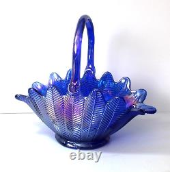 L. E. Smith Cobalt Blue Iridescent Carnival Glass Basket Bowl Feather Pattern 12T