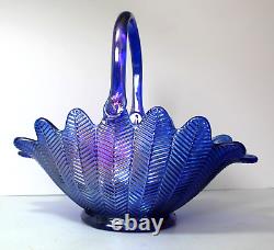 L. E. Smith Cobalt Blue Iridescent Carnival Glass Basket Bowl Feather Pattern 12T