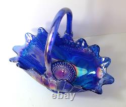 L. E. Smith Cobalt Blue Iridescent Carnival Glass Basket Bowl Feather Pattern 12T