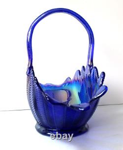 L. E. Smith Cobalt Blue Iridescent Carnival Glass Basket Bowl Feather Pattern 12T