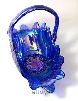 L. E. Smith Cobalt Blue Iridescent Carnival Glass Basket Bowl Feather Pattern 12T