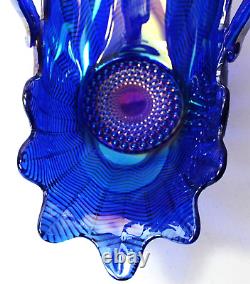 L. E. Smith Cobalt Blue Iridescent Carnival Glass Basket Bowl Feather Pattern 12T