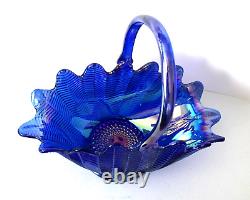 L. E. Smith Cobalt Blue Iridescent Carnival Glass Basket Bowl Feather Pattern 12T