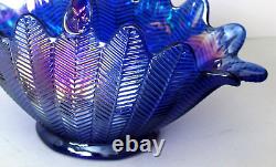 L. E. Smith Cobalt Blue Iridescent Carnival Glass Basket Bowl Feather Pattern 12T