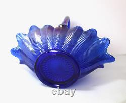 L. E. Smith Cobalt Blue Iridescent Carnival Glass Basket Bowl Feather Pattern 12T