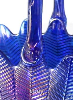 L. E. Smith Cobalt Blue Iridescent Carnival Glass Basket Bowl Feather Pattern 12T