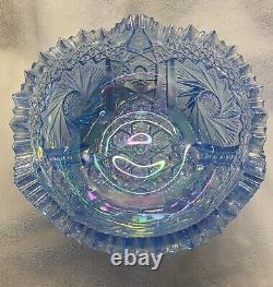 L. E. Smith Glass Bowl Commet In The Stars Blue Iridescent Pinwheel Sawtooth Rim