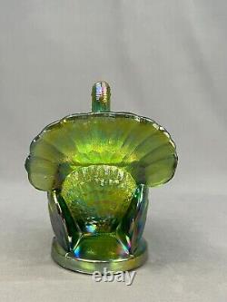 L. E. Smith Green Iridescent Carnival Glass Turkey Covered Candy Dish