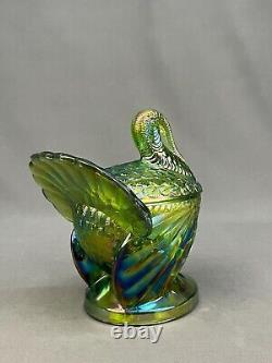 L. E. Smith Green Iridescent Carnival Glass Turkey Covered Candy Dish