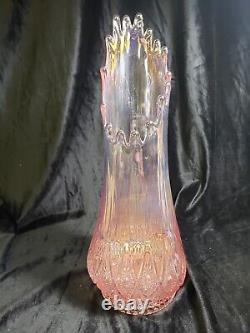 L E Smith Iridescent Carnival Glass Swung Vase Pink Barbiecore 13.5