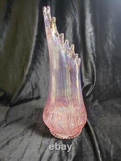 L E Smith Iridescent Carnival Glass Swung Vase Pink Barbiecore 13.5