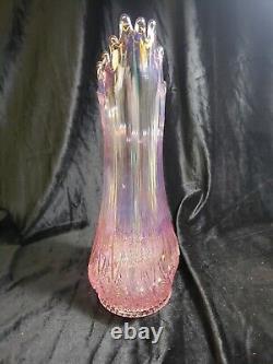 L E Smith Iridescent Carnival Glass Swung Vase Pink Barbiecore 13.5