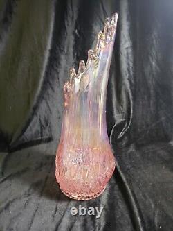 L E Smith Iridescent Carnival Glass Swung Vase Pink Barbiecore 13.5