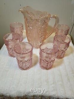 L. E. Smith Iridescent Pink Valtec Carnival Glass Water Set, VERY RARE COLOR