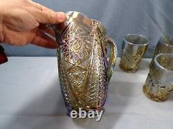 L. E. Smith Smoke Opalescent Carnival Glass Valtec Water Set Pitcher 6 Tumblers