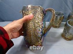 L. E. Smith Smoke Opalescent Carnival Glass Valtec Water Set Pitcher 6 Tumblers