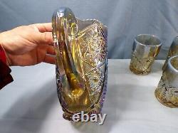 L. E. Smith Smoke Opalescent Carnival Glass Valtec Water Set Pitcher 6 Tumblers