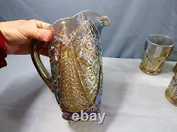 L. E. Smith Smoke Opalescent Carnival Glass Valtec Water Set Pitcher 6 Tumblers