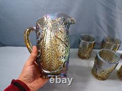 L. E. Smith Smoke Opalescent Carnival Glass Valtec Water Set Pitcher 6 Tumblers