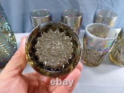 L. E. Smith Smoke Opalescent Carnival Glass Valtec Water Set Pitcher 6 Tumblers