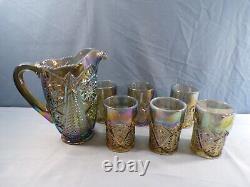 L. E. Smith Smoke Opalescent Carnival Glass Valtec Water Set Pitcher 6 Tumblers