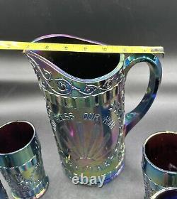 L. G. Wright Carnival Glass God Bless Our Home Amethyst Iridescent Pitcher Set
