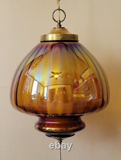 LARGE Vintage MidCentury Amber Carnival Iridescent Glass Hanging Swag Lamp Light