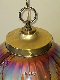 LARGE Vintage MidCentury Amber Carnival Iridescent Glass Hanging Swag Lamp Light