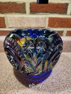 LE Smith Blue Iridescent Carnival Etched Glass Bowl Slewed Horeshoe Floral Rare