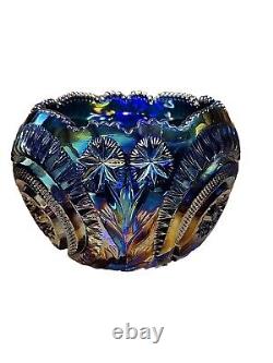 LE Smith Blue Iridescent Carnival Etched Glass Bowl Slewed Horeshoe Floral Rare