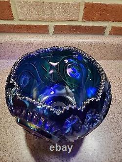 LE Smith Blue Iridescent Carnival Etched Glass Bowl Slewed Horeshoe Floral Rare