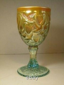 LEVAY #1 of 25 Aqua Opalescent Inverted Strawberry Carnival Glass Goblet 1981